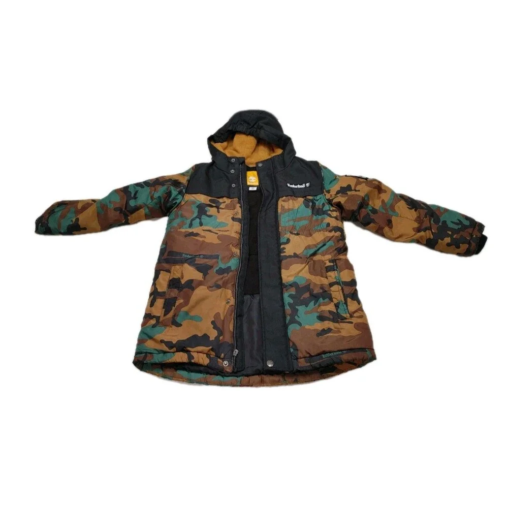 Timberland Boys Kids Puffer Coat Full Zip Hooded Jacket (Camouflage, S- 8) (0010
